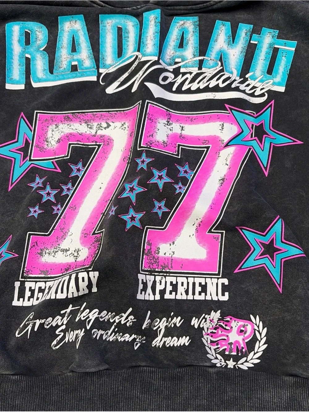 Radiant Worldwide '77 Graphic Hoodie - Black with Pink & Teal Accents